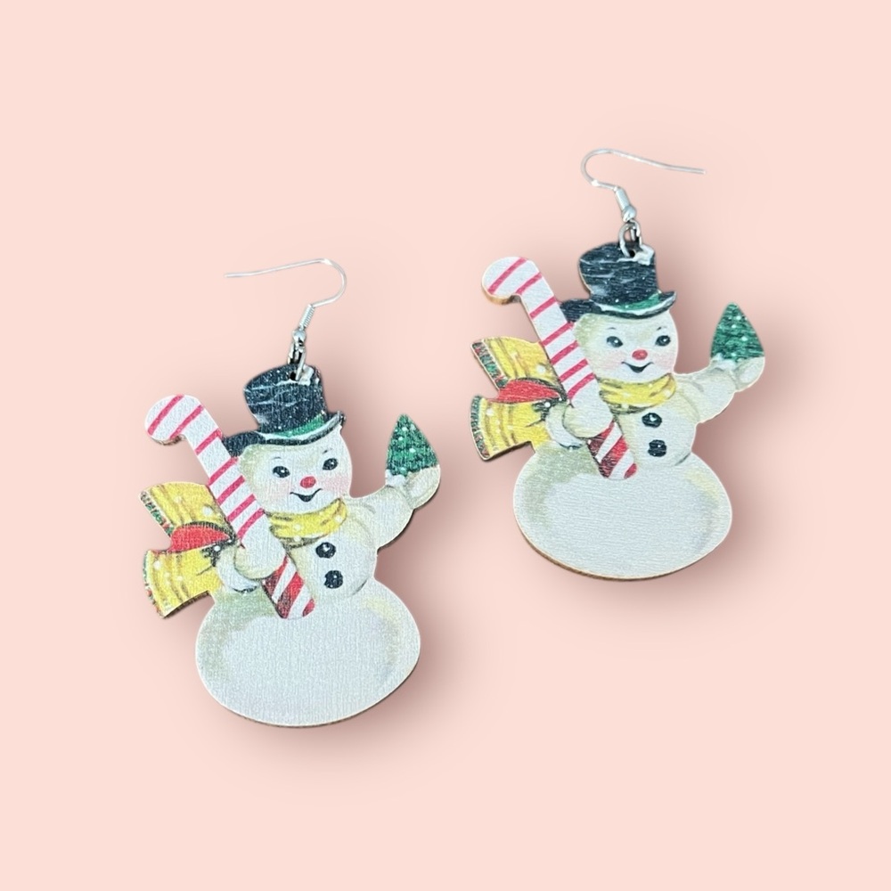 Wooden snowman 3 inch drop earrings Christmas holiday lightweight
